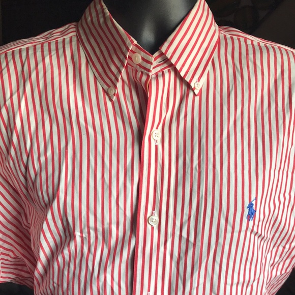 🚨B2G1 POLO RALPH LAUREN Red White Striped Short Sleeve Cotton Button Up - Picture 1 of 4